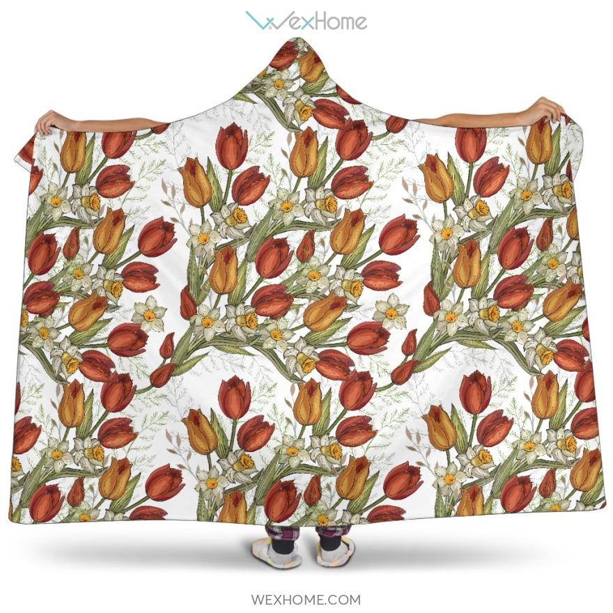 Red Tulips And Daffodils Pattern Hooded Blanket