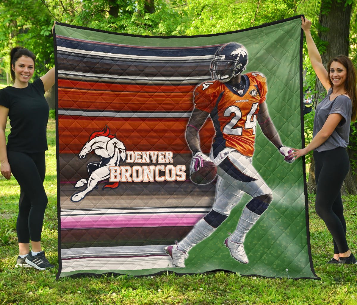 Denver American Football Broncos Bailey 24 Grab Rugby Ball Looking Back Premium Quilt Blanket