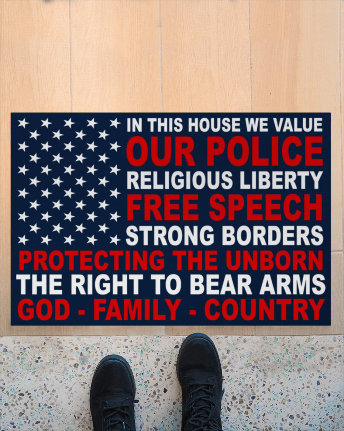 Welcome Rug, In This House We Value Our Police Religious Liberty Navy Doormat, Housewarming Gift