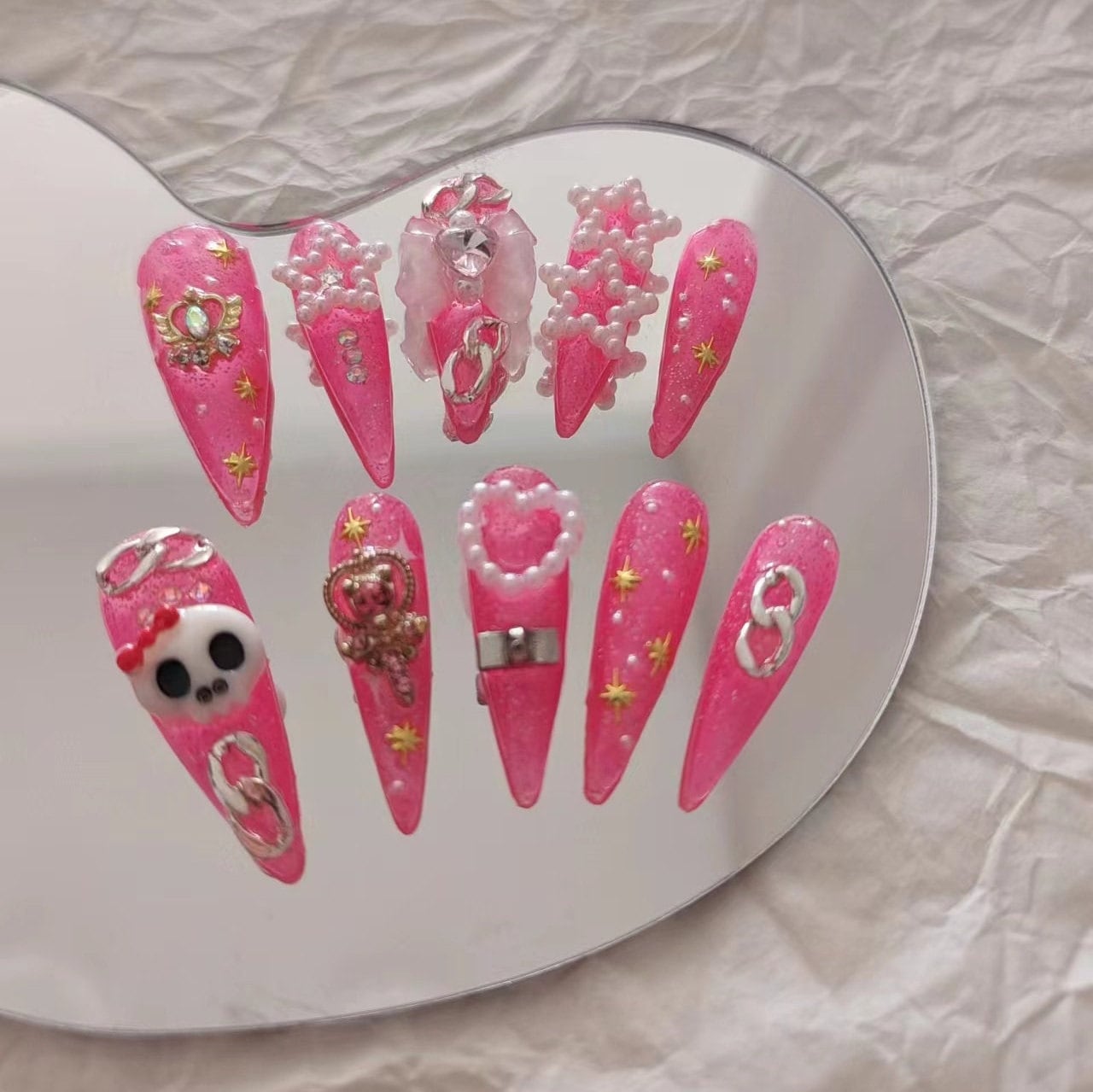 Cute Glitter hot Pink Skull and Bowtie Punk Cool & Cute Pearl Heart and Star Press On Nails/ Fake nails/ Halloween nails/Spooky nails #6