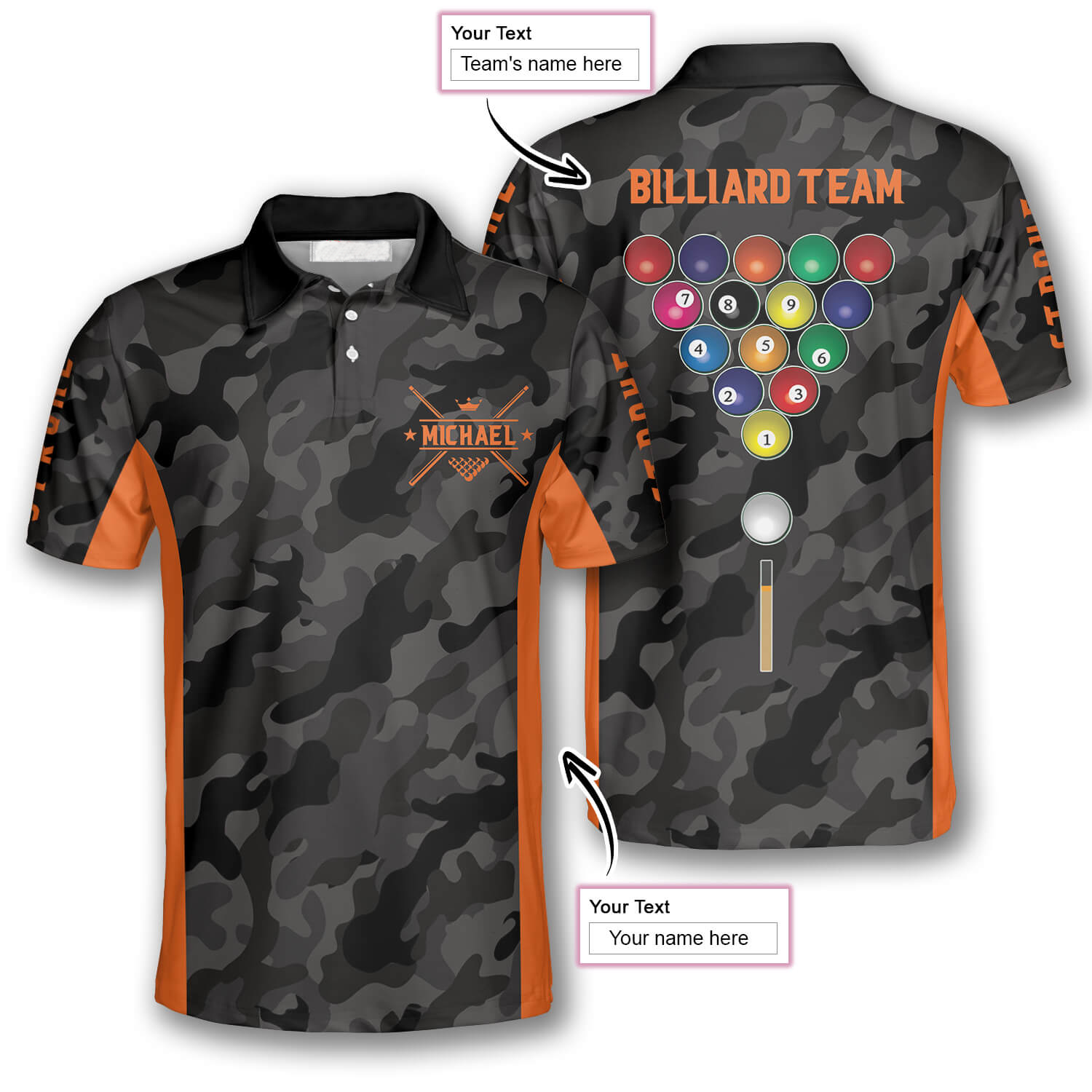 3D All Over Print Orange Grey Camouflage Custom Billiard Shirts For Men, Perfect Shirt For Billiard Player