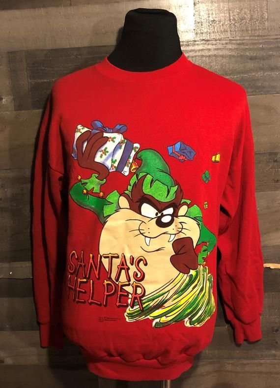 Vintage Tasmanian Devil Looney Tunes 1990S Santa S Helper Ugly Christmas Red Crewneck 90S Shirt