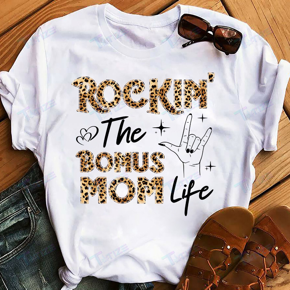 Rockin The Bonus Mom Life Leopard Graphic Unisex T Shirt, Sweatshirt, Hoodie Size S – 5Xl