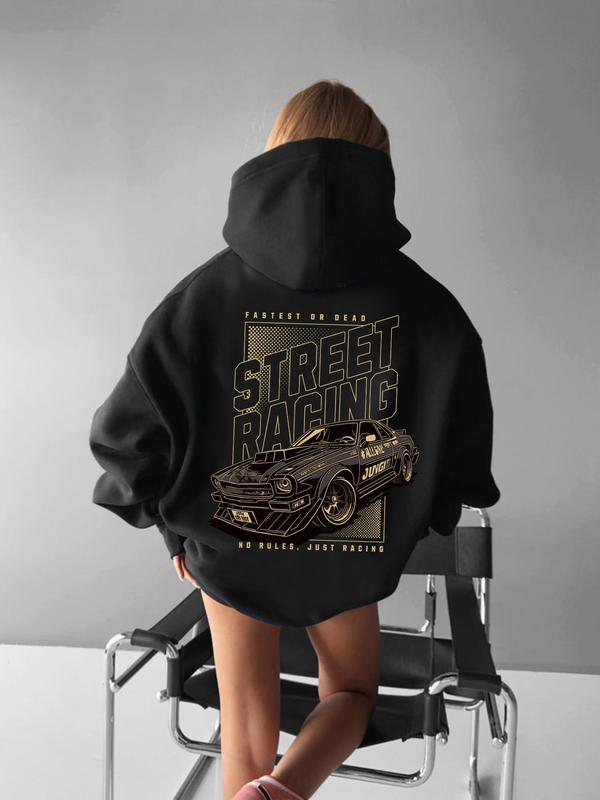 Women’s Car & Letter Print Drop Shoulder Hoodie, Fashion Casual Drawstring Pocket Hooded Sweatshirt for Daily Holiday Outdoor Wear, Ladies Clothes for Spring & Fall