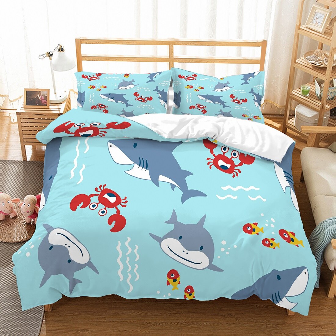 Yi Chu Xin Cartoon Blue Shark Duvet Cover And Pillowcase Underwater World Bedding Set Luxury Kids Bedclothes