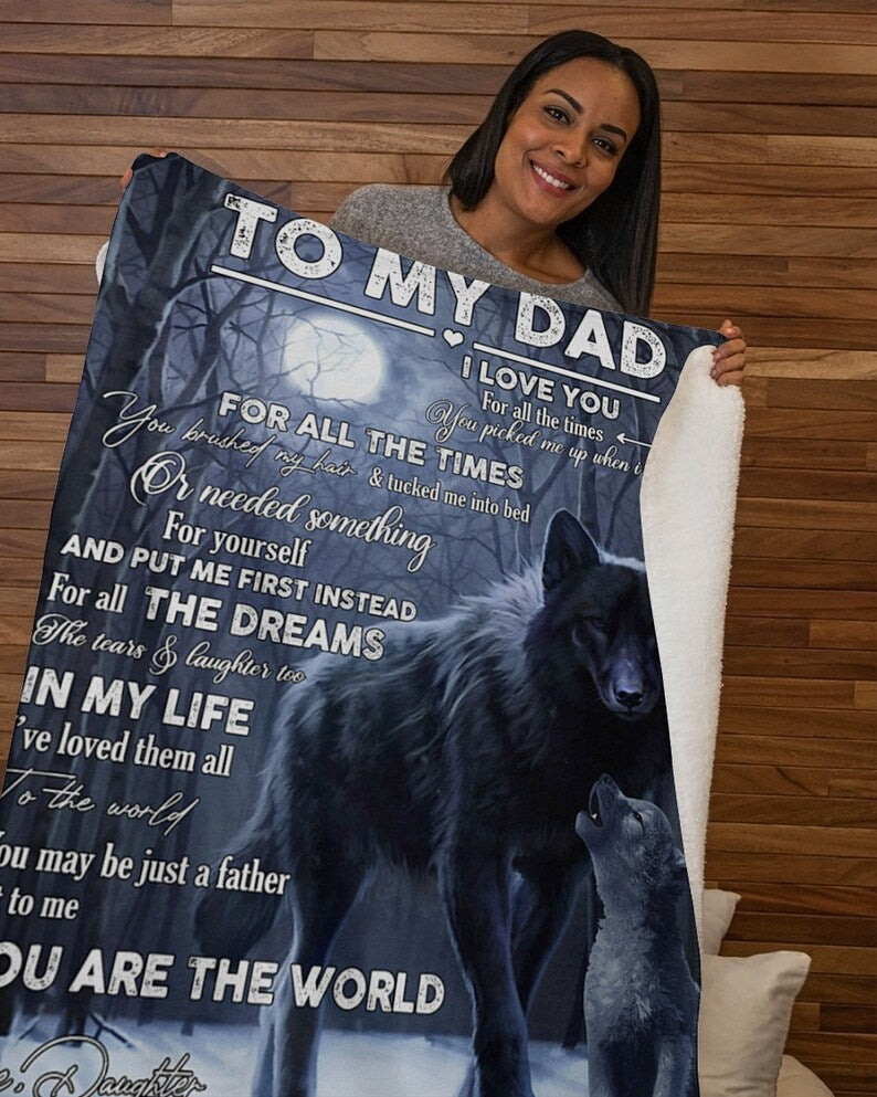 To My Dad From Daughter Wolf Sherpa Fleece Blanket Christmas Party Dad Mom Daughter Son, Wolf Blanket, Wolf Throw Blanket,  Fleece Blanket, Sherpa Blanket