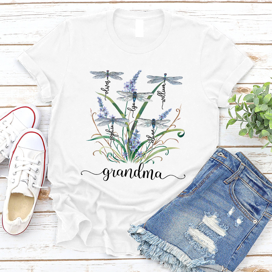 Personalized Grandma With Grandkids Dragonfly Clipart Classic Canvas, Gift For Mom, Grandma, Mother’S Day Shirt