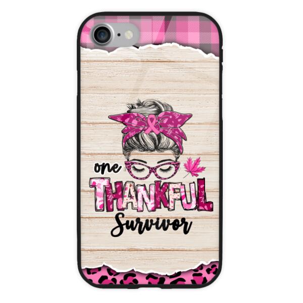 One Thankful Survivor Pink Leopard Personalized Glass Phone Case Breast Cancer Awareness Gpc-00125-Ctha