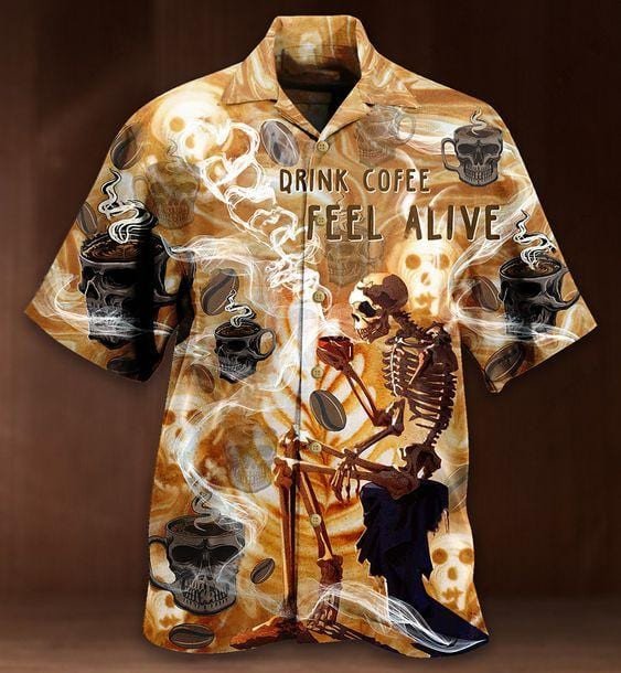 Halloween Skull Drink Coffee Feel Alive Hawaii Aloha Shirts Dh Ha10463