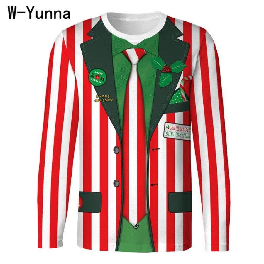 W-Yunna New Funny Christmas Men’s Tshirt Santa Claus/Pizza/Suit/Work Clothes Print Full Sleeves O-neck T Shirt Men 9 designs