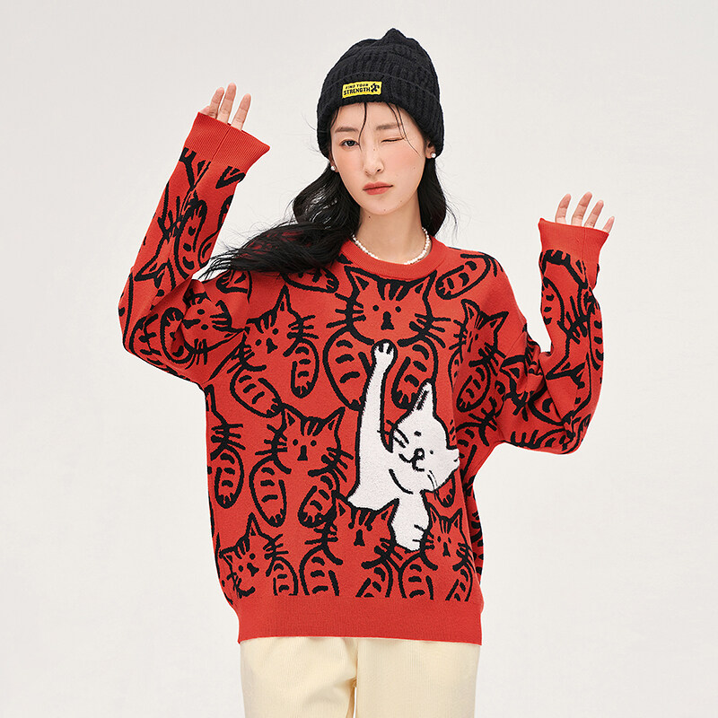 Toyouth Women Sweater 2022 Winter Long Sleeve O Neck Loose Knitted Pullover Cute Cat Print Warm Casual Chic Tops alx