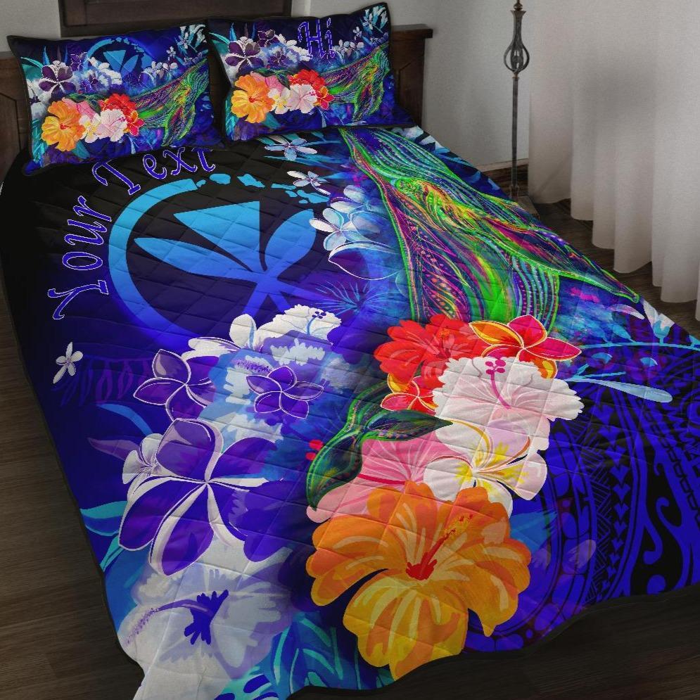 Polynesian Hawaii Custom Personalised Premium Quilt Bed Set – Kanaka Maoli  Humpback Whale with Tropical Flowers (Blue)- BN18