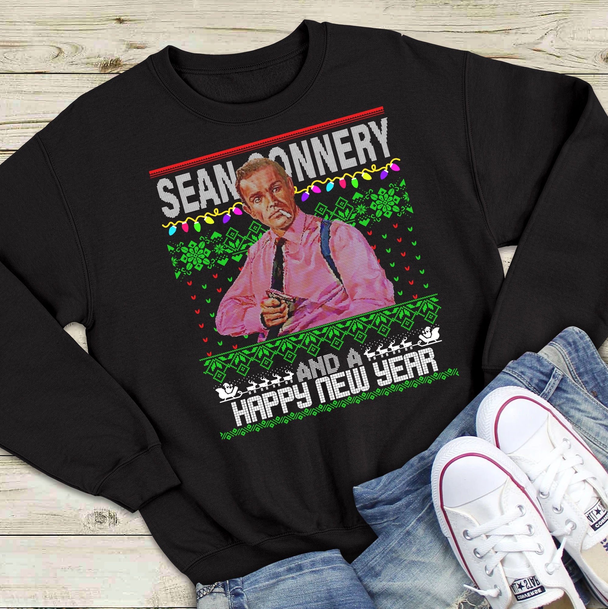 Sean Connery And A Happy New Year Ugly Christmas Graphic Unisex T Shirt, Sweatshirt, Hoodie Size S – 5XL