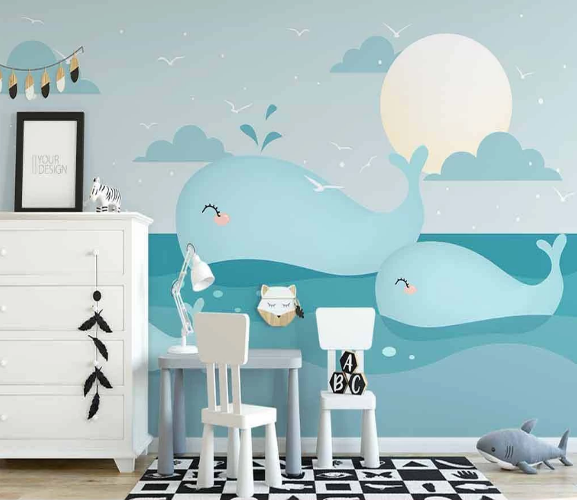 3D Cartoon Night Moon Ocean Whale Fish Cloud Wall Mural Wallpaper Lxl