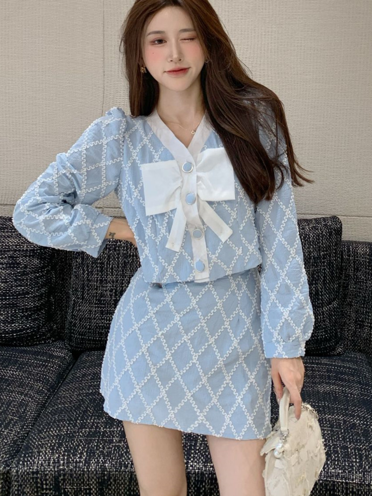 Spring New Fashion Small Fragrance Two Piece Set Women Shirt Blouse Crop Top & Mini Skirt Suits High Quality Sweet 2 Piece Sets alx