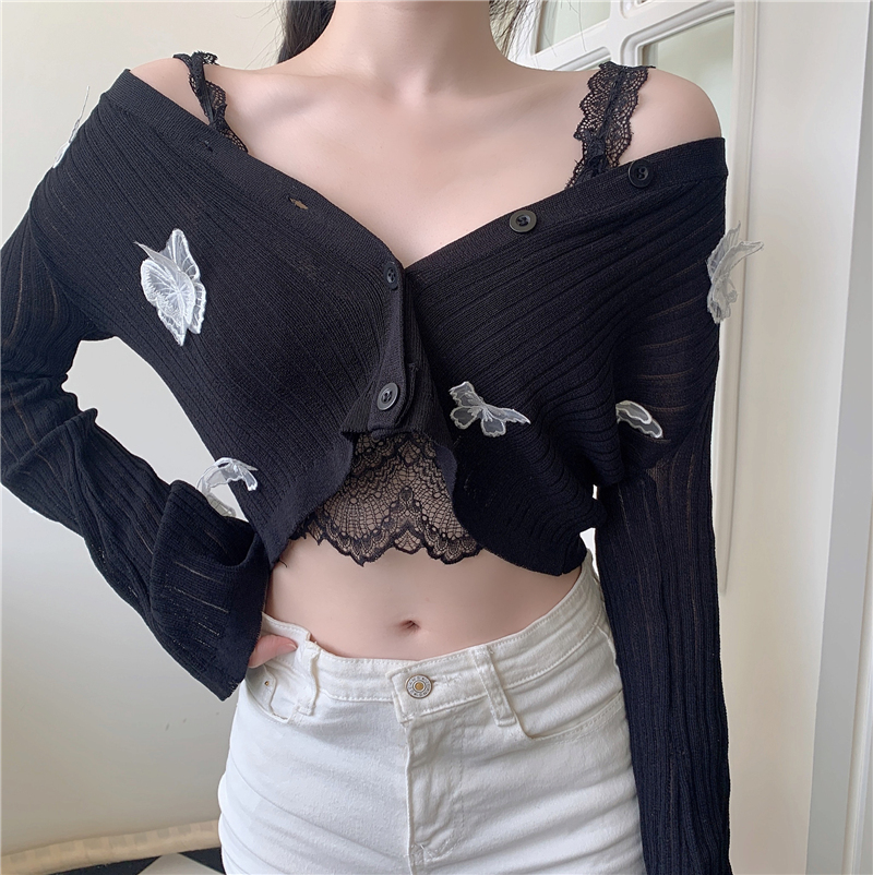 Butterfly Knit Cardigans Women Korean Sexy V-Neck Fitness Crop Tops Ladies Summer Thin Long Sleeved Sunscreen Jackets alx