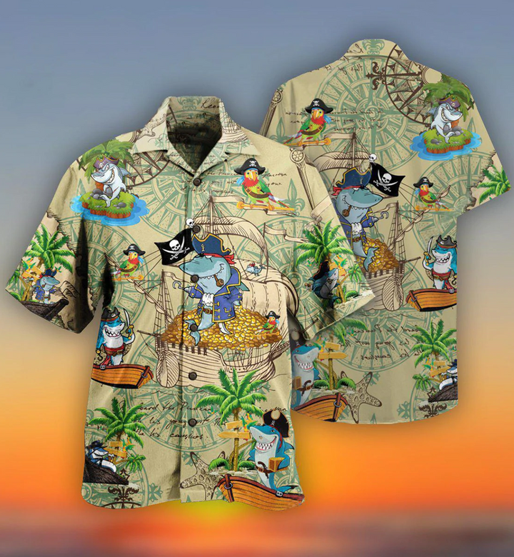 Pirate Shark Treasure Parrot Vintage Compass Palm Tree Hawaii Shirt Ha37117