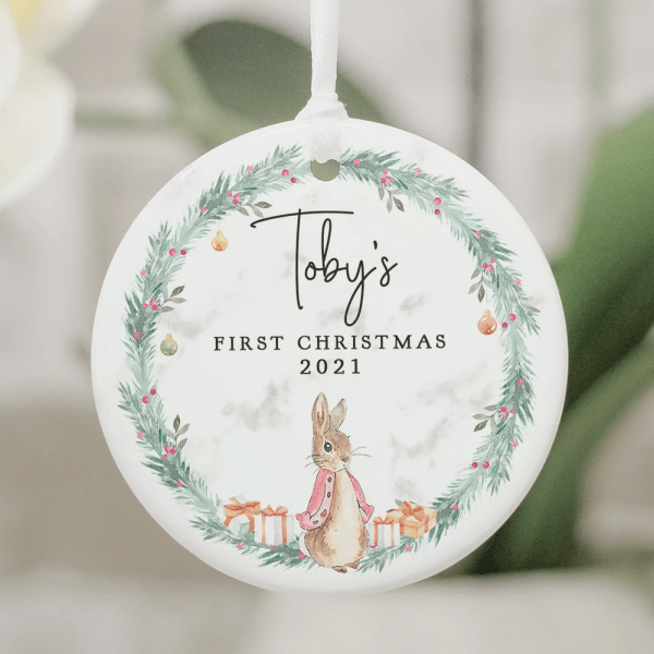 Personalized Cute Rabbit Christmas Wreath First Christmas Ornament