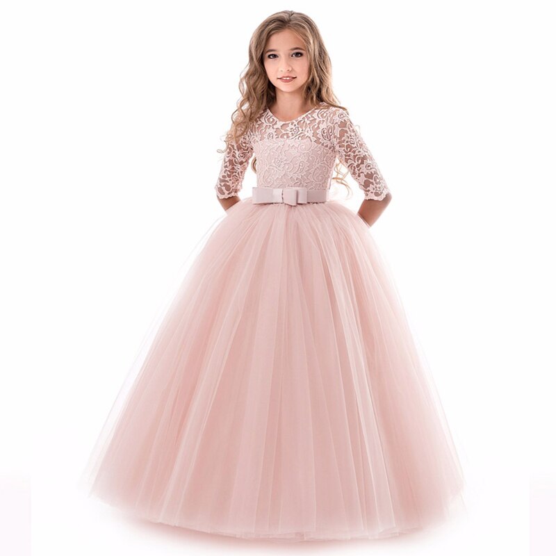 2022 Summer Pageant Bridesmaid Dress Kids Dresses For Girls Children White Lace Princess Party Wedding Dress Girl Half Sleeve alx