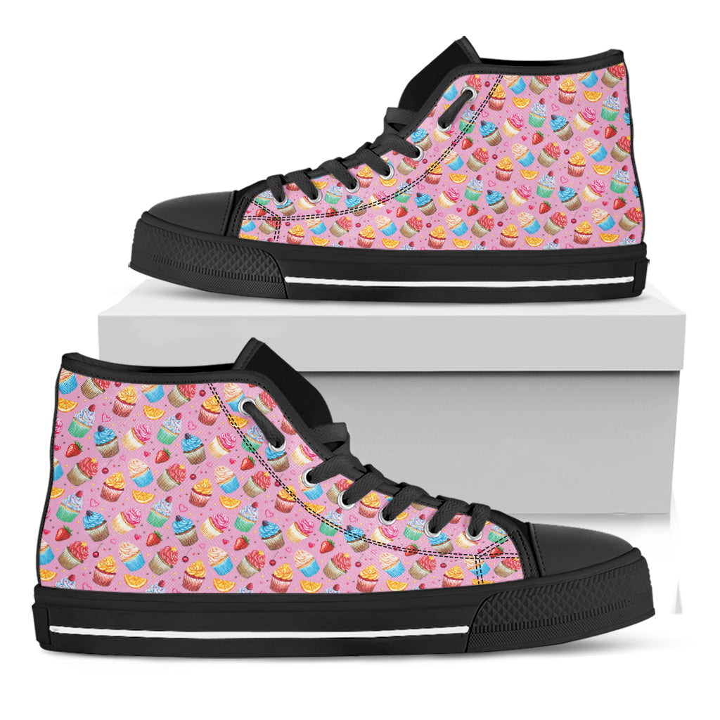 Watercolor Cupcake Pattern Print Black High Top Shoes