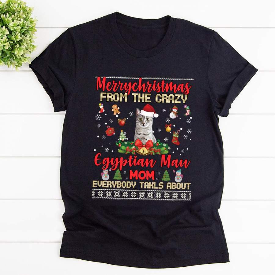 Merry christmas from the egyptian mau cat mom cat wearing santa hat ornament candy cane black cotton t shirt for men and women S-6XL