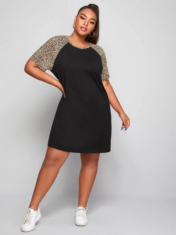 Women Plus Size Leopard Raglan Sleeve Tee Dress