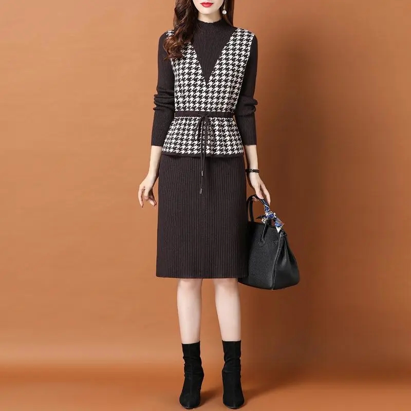 Vintage Plaid Patchwork Fake Two Piece Knitted Dress Women Fall Korean Long Sleeve Casual Sweater Dresses Elegant Vestidos Mujer alx