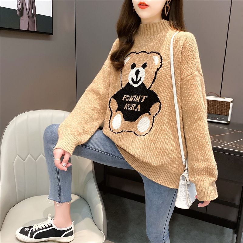 Blue Bear Cartoon Cute Student Vest Pullover High Collar Sweater Women’s Sweaters Women Girl Pull Slim Top Cloth Outer Coat RU alx