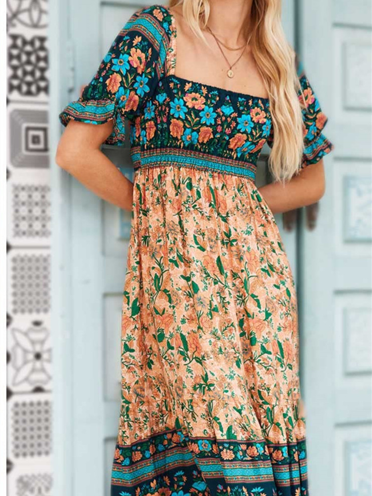 Vintage Floral Long Dress Women Puff Short Sleeve Square Neck Ruffle Pleated Dress Bohemian Casual Summer Dresses Female alx