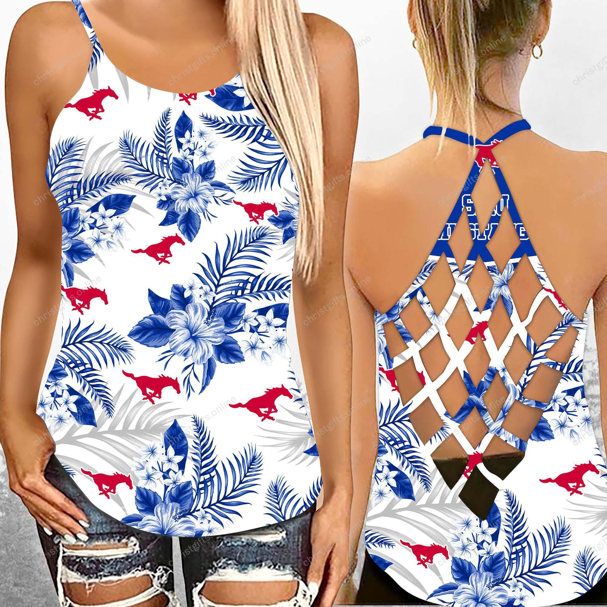 SMU Mustangs NCAA3-Criss Cross Tanktop Hawaii Style Ds1