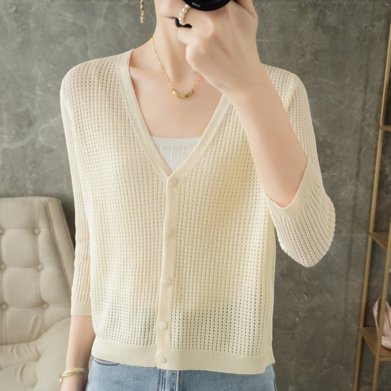 Sunscreen Cardigan Women’s Seven Points Sleeves Breathable Hollow Thin Small Jacket 22 Spring Summer V-Neck Ice Silk Knitted Top alx