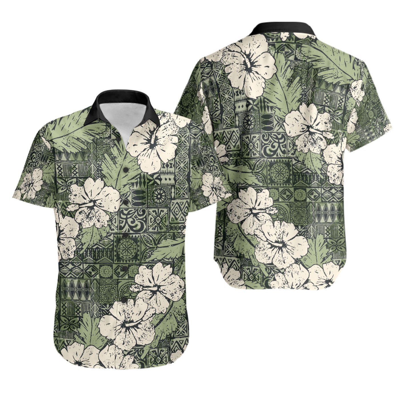 Polynesian Shirt – Abstract Hibiscus Flowers With Tribal Background Green Color – BN20