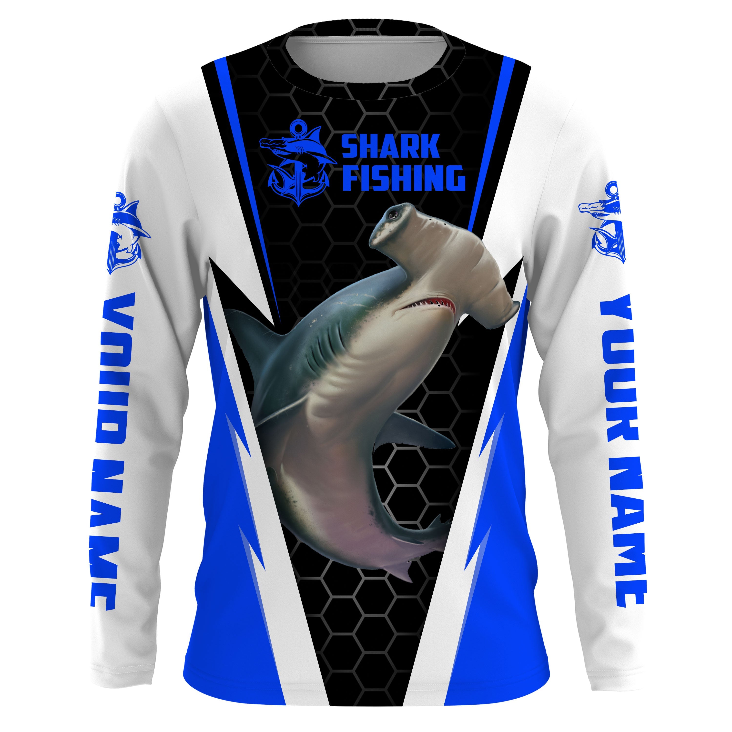 Custom Hammerhead Shark Fishing Jerseys, Shark Fishing Long Sleeve Fishing Tournament Shirts | Blue Iphw2931