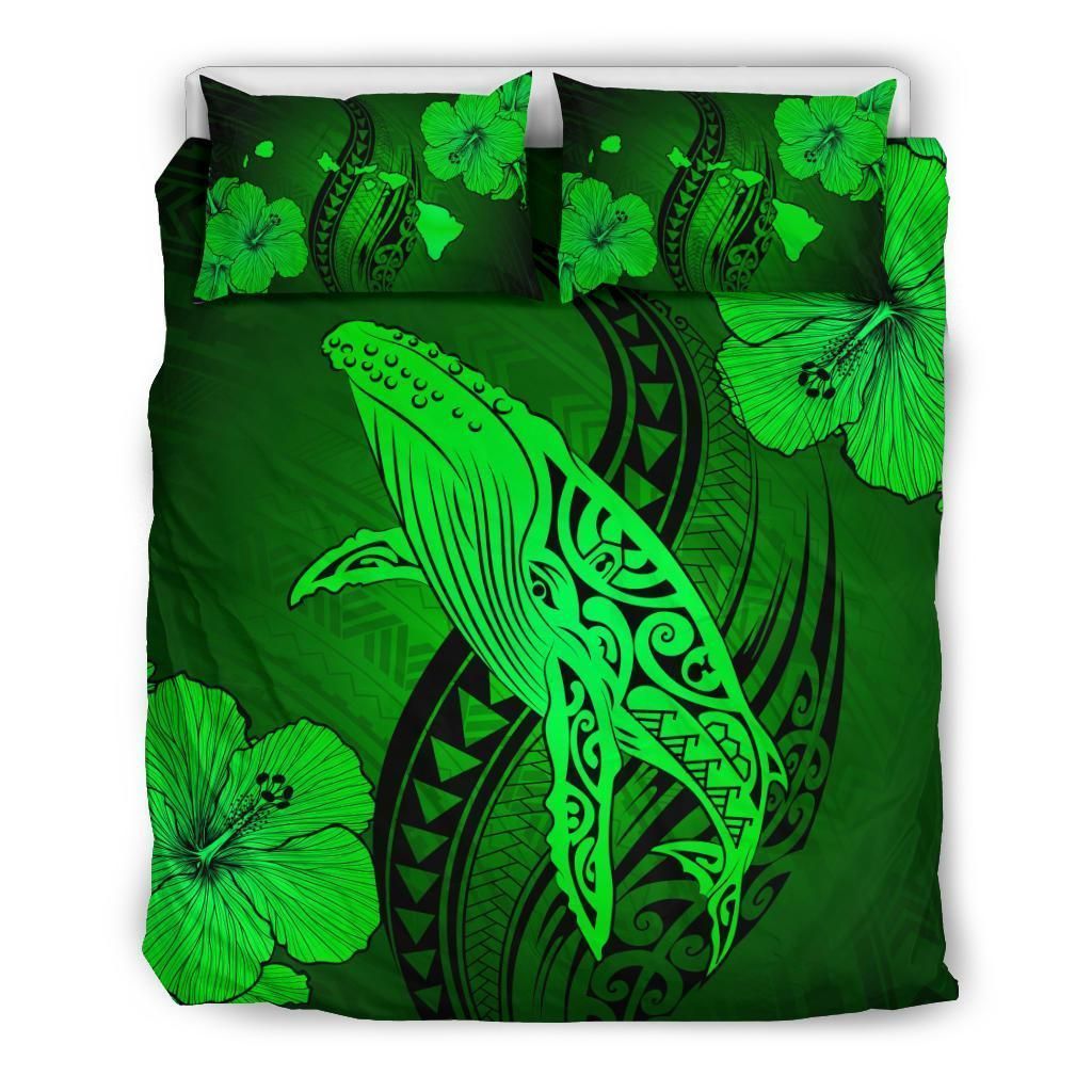 Alohawaii Bedding Set – Cover And Pillow Cases Hawaiian Map Whale Swim Hibiscus Polynesian – Green – Ah J9