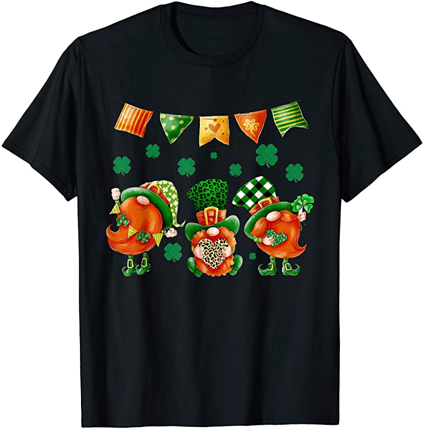 Three Gnomes Holding Leopard Plaid Clover St Patrick’s Day T-Shirt