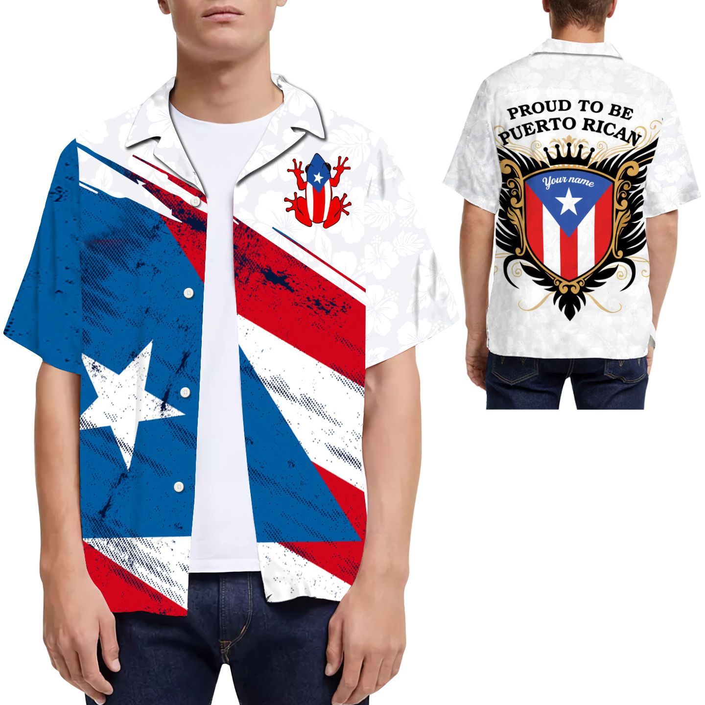 Beach Shirt Proud To Be Puerto Rican Frog And Flag Custom Name Hawaiian Shirt For Men For Puerto Rico