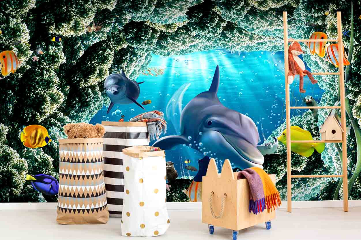 3D Dolphin Underwater World Wall Mural Wallpaper Lqh 30