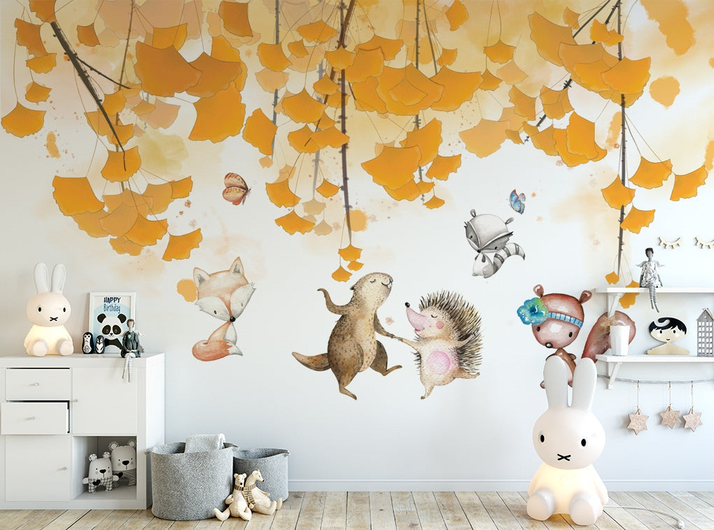 3D Cartoon Forest Animal Ginkgo Leaf Wall Mural Wallpaper 190