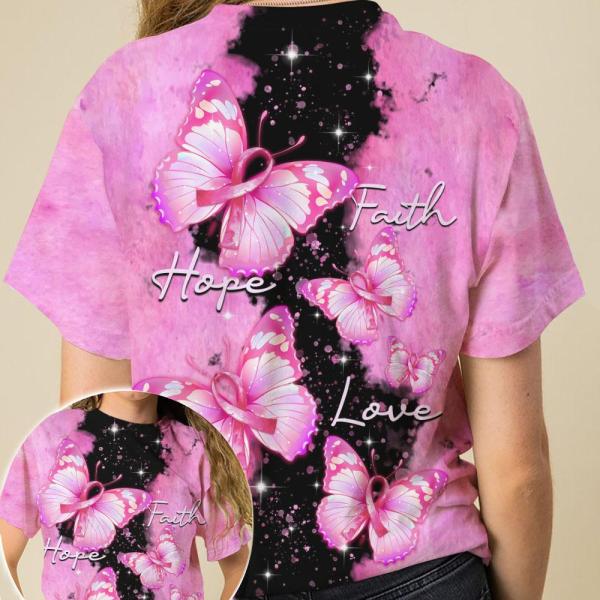 Faith Hope Love Breast Cancer Awareness Pink Ribbon Butterfly Breast Cancer 3D Clothes