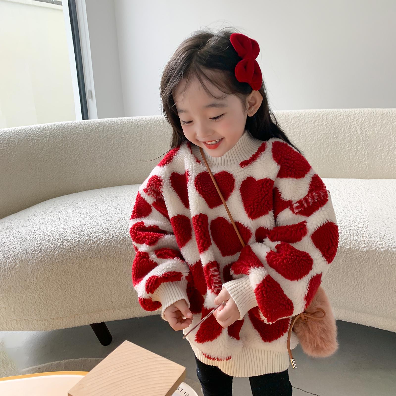 2022 Winter Girls Cute Heart Thick Warm Fleece Sweatshirts Baby Kids Children Pullover Top Outerwear alx