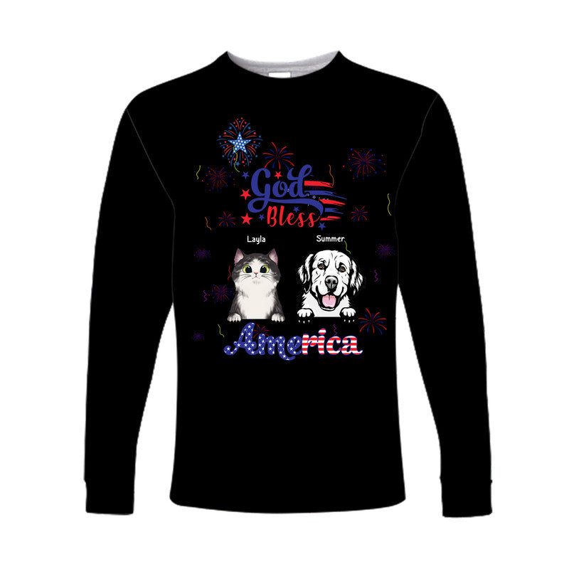 (Custom Personalised) 4Th Of July – God Bless Usa Long Sleeve Shirt Pets With Fireworks – Black Lt8