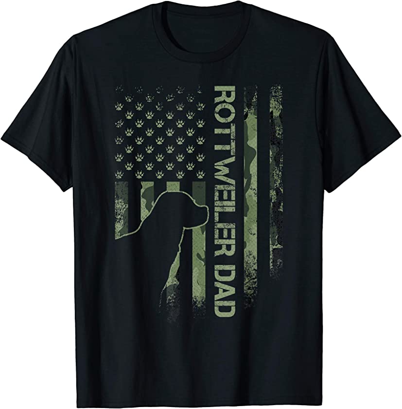 Vintage USA Camo Flag Proud Rottweiler Dad Rottie Silhouette T-Shirt