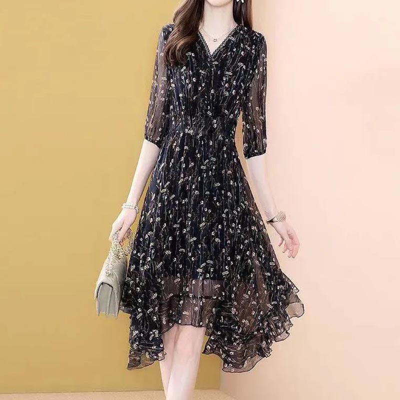 Summer Women Clothing Floral Print Irregular Ruffles Hem Chiffon Dress Ladies Elegant Half Sleeve Office Lady Work Dresses 2022 alx