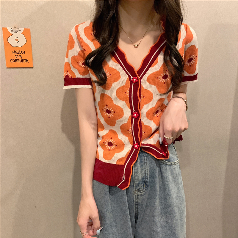 Women V-Neck Knitted Printed Flowers Sweaters Cardigans Lady Knitting Thin Summer Slim Vintage Cardigan Outwear for Female alx