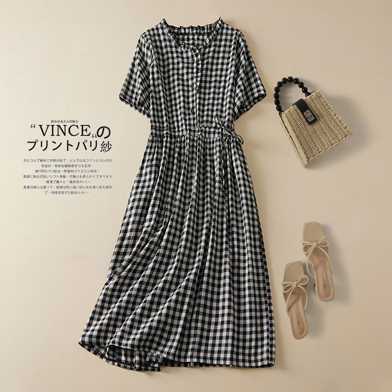 2022 New Arrival Thin Cotton Linen Fashion Plaid Summer Dress Draw String Office Lady Work Dress Women Travel Casual Midi Dress alx