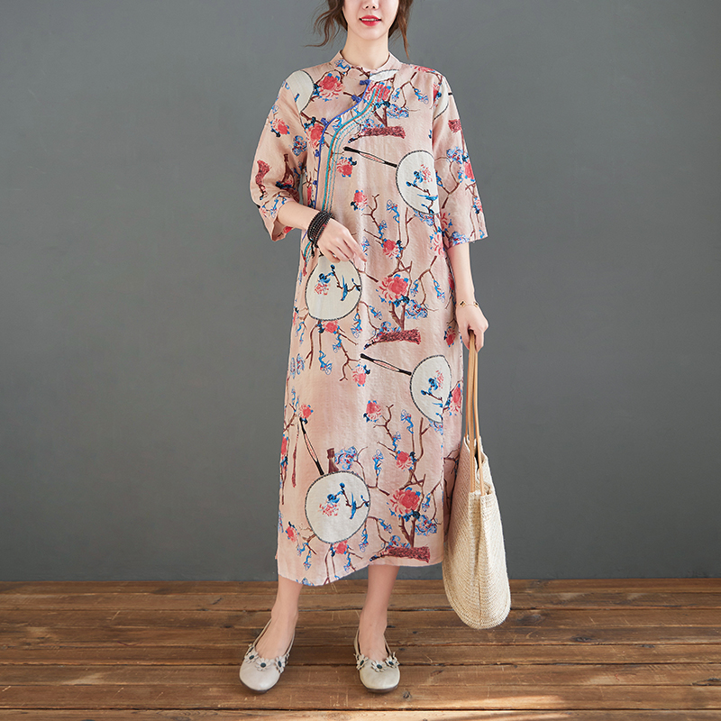 2022 New Spring Summer Dress Embroidery Linen Cotton Print Floral Chinese Style cheongsam Vintage Dress Women Casual Dress alx