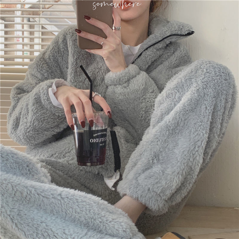 Winter Pajama Sets Women Solid Warm Thick Long Sleeve Zip-up Coral Fleece Comfort Sleepwear Elastic Waist Loose Soft Elegant New alx