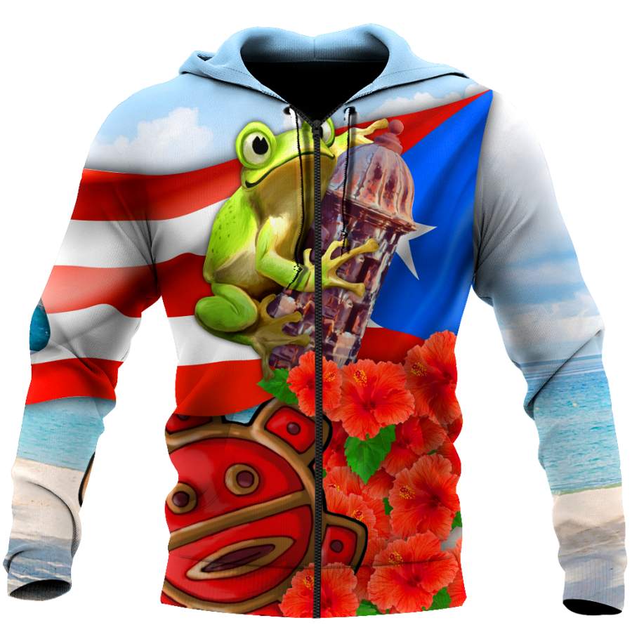 Puerto Rico Cute Caribbean Frog With Maga Flower Shirts QB06222001