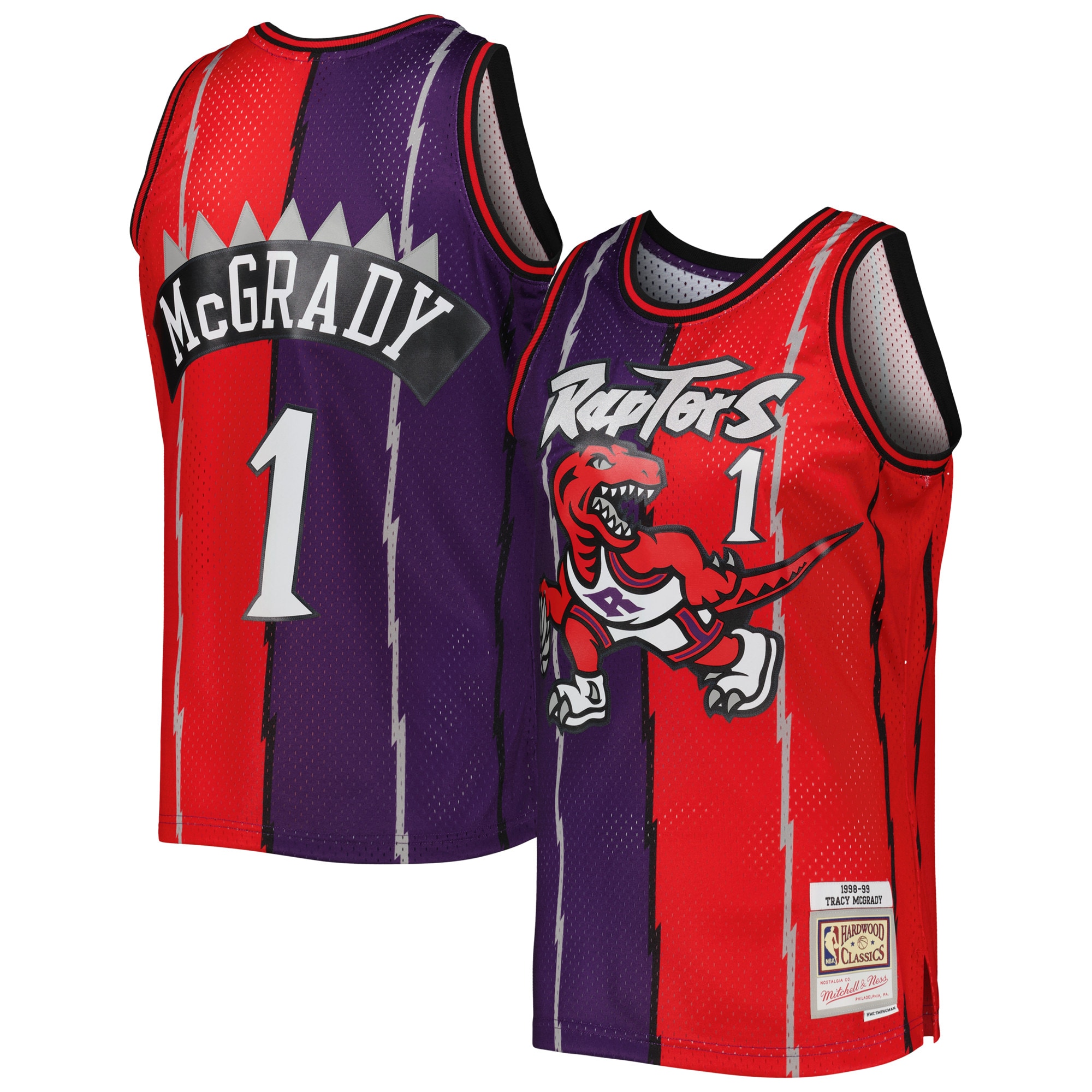 Tracy McGrady Toronto Raptors Mitchell & Ness Hardwood Classics 1998/99 Split Swingman Jersey – Purple/Red