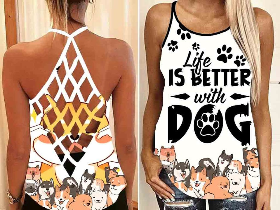 Life Is Better With Dog Tank Top Mesh Shirt Women – Puppy Criss Cross Open Back Camisole Tank